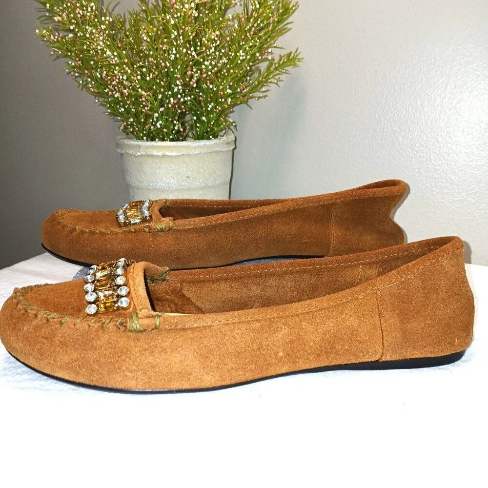 YELLOW BOX RETRO LEATHER SLIP ON FLATS BEADED JEWELED ACCENTS ROUND TOE SIZE 8.5